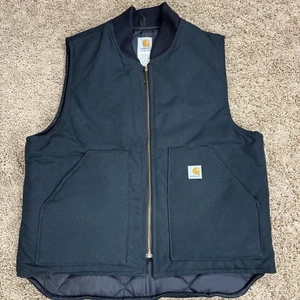 Vtg CARHARTT Canvas Duck VEST Quilt Lined USA Rib Collar Black Sz L Union V01 - Picture 1 of 16