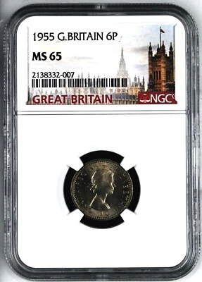 👑1955 GREAT BRITAIN ELIZABETH SIXPENCE NGC MS65! - LIGHT GOLDEN TONING!👑 - Image 1 of 2