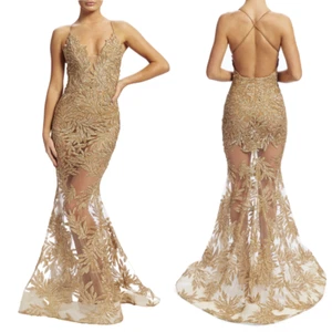 $960 Nadine Merabi Gold Sequin Maxi Flare Stella Gown Evening Dress size Large - Picture 1 of 12