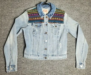 GB Western Boho Embroidered Juniors Denim Lg Distressed Stretch Jean Jacket A4 - Picture 1 of 6