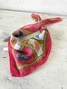Vintage Square Neckerchief Bandana Neck Scarf Pink Butterfly Print Semi Sheer - Picture 1 of 4