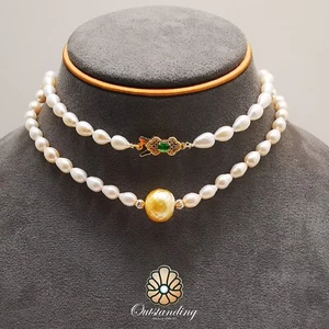 Real Huge 14mm Japan Master Carved Natural Pearl 17" Necklace Emerald 18ct Gold - Picture 1 of 24