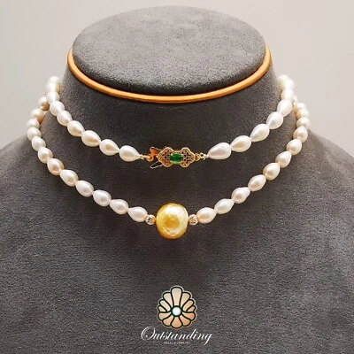 Real Huge 14mm Japan Master Carved Natural Pearl 17" Necklace Emerald 14ct Gold - Image 1 of 4