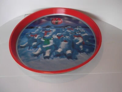 Coca Cola Round Metal Tray White Polar Bears Watching the Northern Lights 1993 - Image 1 of 3