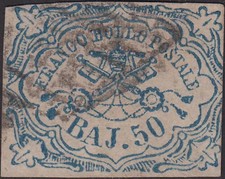 32.55 Stato Pontificio I emissione b.50 azzurro (10) usato con annullo originale