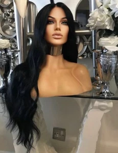 black human hair Blend Lace Front Wig Black Long Lace Wavy Wig Centre Part Wig - Picture 1 of 12