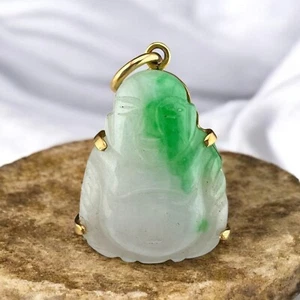 Vintage 14 Karat Yellow Gold Carved Jade Buddha Pendant - Picture 1 of 7