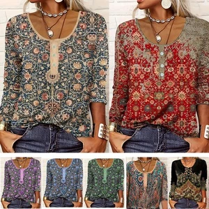 Women Ladies Floral Boho Tops Long Sleeve Loose Blouse Comfy Beach Plus Size UK - Picture 1 of 31