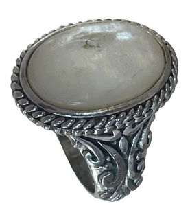 Oval Chunky Silver Scroll White Stone Band Ring Size 7 - Picture 1 of 19