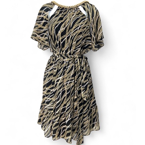 Abito donna Michael Kors S manica corta in chiffon stampato con dettagli catena oro