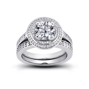 1.46ct E-SI1 Round Natural Certified Diamonds 14k Halo Ring with Matching Band - Picture 1 of 4