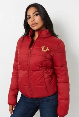 True Religion Horseshoe Logo Slim Puffer Jacket Red Dahlia Women’s Sz Large - Image 1 of 4