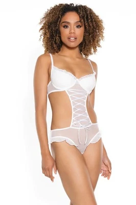 Coquette Front Lace Crotchless Teddy Sheer Mesh White - Image 1 of 4