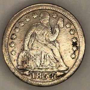 Moneda de diez centavos Seated Liberty 1853 en muy buen estado + - arañazos y tonificación - Imagen 1 de 2