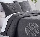 Hand-Quilted Queen Quilt Set, 100% Cotton Fabric, 3 Piece Charcoal Queen Quil...