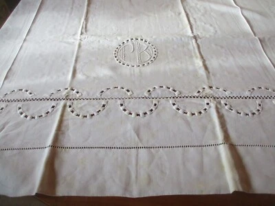 Drap N°413 ancien en fil de lin beau retour motifs monogramme PB  235 X 320 Cm - Photo 1/4