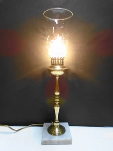Vintage Torchiere Hurricane Lamp with Solid Brass & Marble Base and Glass Shade - Picture 1 of 5
