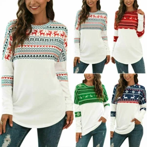 Women Christmas Xmas Sweatshirt Long Sleeve Pullover Longline Blouse T-shirt Top - Picture 1 of 30