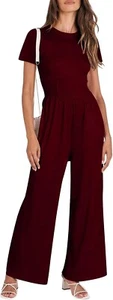 Women's Summer Wide Leg Jumpsuit Round Neck Short Sleeve XL - Picture 1 of 3