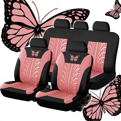 9pcs Full Set Car Seat Covers For Interior Accessories - Front & Rear Black/Pink - Image 1 of 4