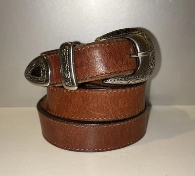 Cinturón de cuero marrón vintage EE. UU. Western plateado hebilla punta lazo talla S marca Norma? Foto 1 de 4