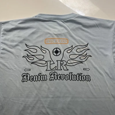 Denim Revolution Big Boss T-Shirt XL Blue Yellow Flames Y2k Cross - Image 1 of 4