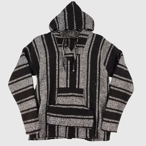 Mexikanischer Poncho Baja Hoodie Surfer Pullover SCHWARZ-WEISS Gr. L Made In Mexico - Bild 1 von 7