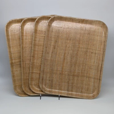 Rattan Inlay Serving Tray Set of 4 Vintage Rectangular Retro Poolside Café - Image 1 of 4
