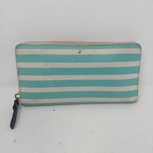 Kate Spade Teal Blue White Striped Wallet Zip Around Saffiano Leather Accordian - Picture 1 of 6