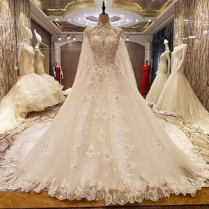 Luxury Beading Wedding Dresses with Cape Lace Appliques Sweep Train Bridal Gowns - Picture 1 of 9