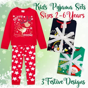 Kids Childs Boys Girls 100% Cotton Christmas PJ Set Xmas Pyjamas Festive PJ's UK - Picture 1 of 14