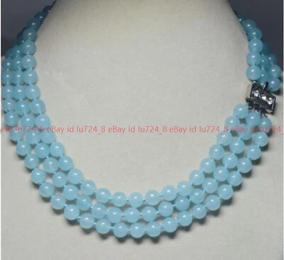 Collar de piedras preciosas AA Natural 3 filas 6/8/10 mm azul aguamarina cuentas redondas 17-19" Foto 1 de 4