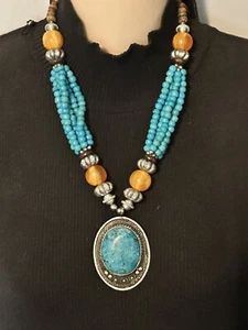 Vintage Silver Tone & Faux Turquoise Beaded / Amber Colored Beaded Necklace, 21" - Picture 1 of 12