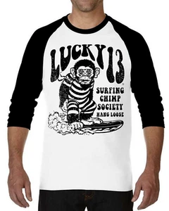 T-Shirt Lucky 13 Surfen Schimpanse Rauchen Strand Wellen Brett Affe Raglan LM1250SC - Bild 1 von 3