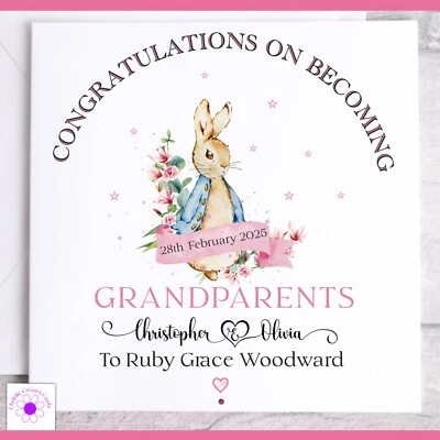 Tarjeta de felicitación personalizada nueva bebé niña nuevos abuelos, nuevos padres Foto 1 de 4