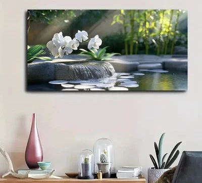 Water Feature With White Orchids, Tranquil S Unframed Canvas Painting for Living - Image 1 of 4