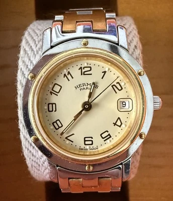 Hermes Clipper Watch Two Tone 24mm Stainless Steel Ladies Damaged Stem Authentic - Image 1 of 4
