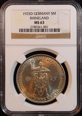 1925-D Germany "Rhineland" Silver 5 Marks - NGC MS63 -Sweet Light Golden Toning! - Image 1 of 4