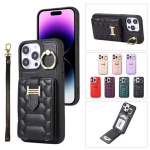 Luxury Grid Leather Wallet Shockproof Case Cover Wrist Strap For Apple iPhone - Picture 1 of 71