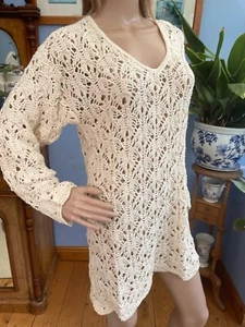 BNWT Cream Ecru Crocheted Knitted Long Line V Neck Jumper One Size  M - Picture 1 of 10