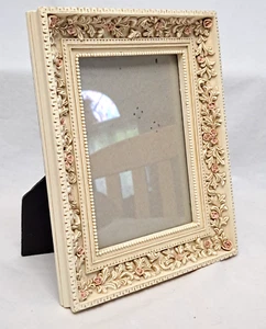 Vintage Old Heavy Ornate Cream Carved Pink Rose Resin 5x7" Photo Picture Frame - Picture 1 of 14