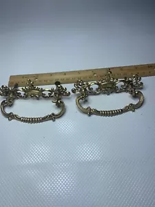 Lot Of 2 Antique Victorian Ornate Brass Cabinet Drawer Pulls 4"x2-1/2" Lot 302 - Picture 1 of 8