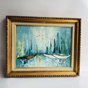 Sailboats Oil Painting MCM Nautical Abstract Signed Wagner 20” X 16” Framed - Picture 1 of 3