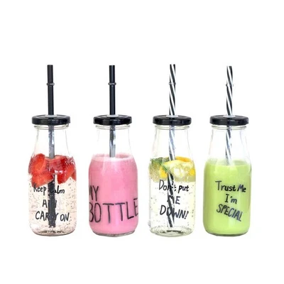 440s Glas Trinkflaschen 4er Set mit Verschluß und Trinkhalm - Bild 1 von 4