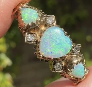 Opal & diamond 9ct gold ring, UK Q - Picture 1 of 11