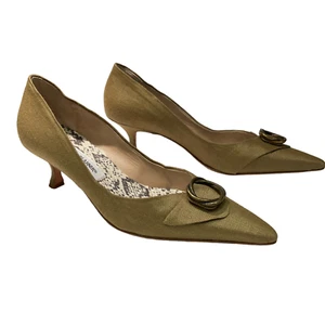 MANOLO BLAHNIK Green Sz 41 Kitten Heel Khaki Olive Pump Brass Medallion 10 10.5 - Picture 1 of 19