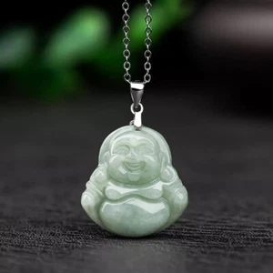 Natural Jadeite Green Jade Handcarve Maitreya Buddha Pendant Necklace Link Chain - Picture 1 of 7
