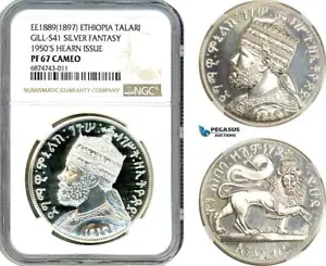 AI931, Ethiopia, Talari EE1889 (1897) Silver Fantasy 1950's Hearn Issue NGC PF67 - Picture 1 of 1