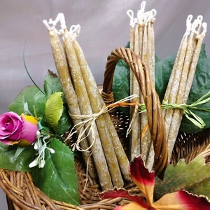 3 candele fatte a mano in pura cera d'api - Nastro beige - Foto 1 di 7