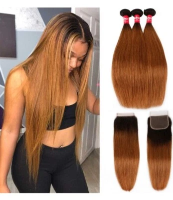 Haha Ombre Brazilian Straight 3 Bundle Ombre Cabelo Humano T1B/30 14 16 18 - Imagem 1 de 4